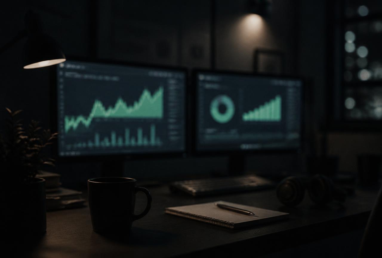 Media buyer's dark workspace with campaign performance charts on two monitors